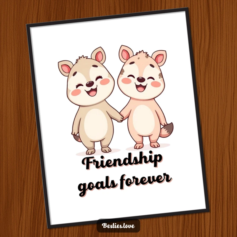 Funny Free Printable Wall Art of two silly animals holding hands, their faces beaming with contagious broad smiles.