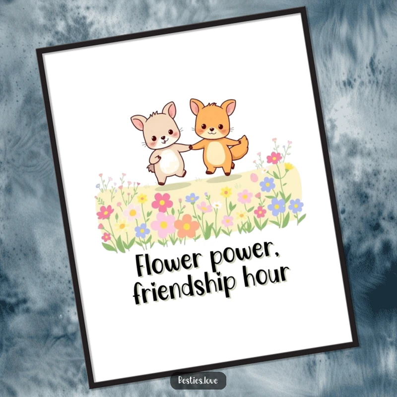 Funny free printable wall art: Two happy animal friends holding hands, skipping joyfully through a vibrant flower field, exuding pure happiness and humor.