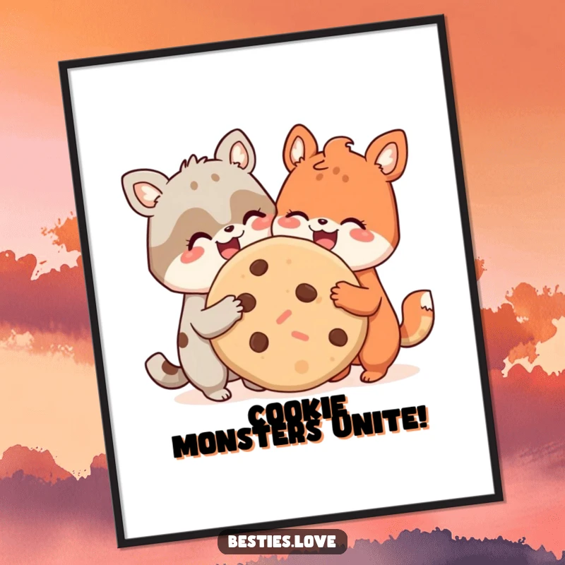 Funny Free Printable Wall Art depicting two cheerful animal pals enjoying a massive cookie together, bringing smiles to any room.
