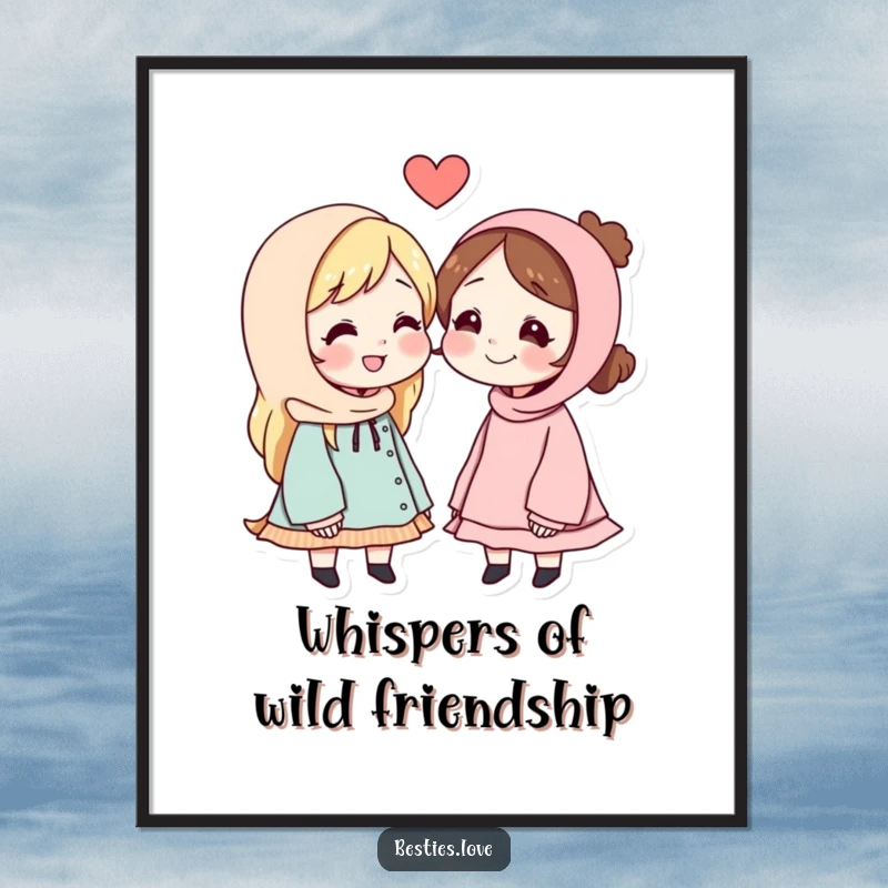 Funny Free Printable Wall Art: Two smiling best friends caught sharing a hilarious, whispered secret with intrigue.