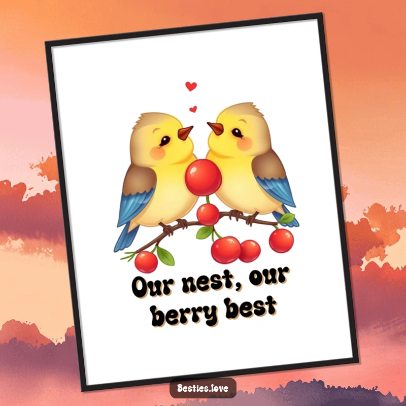 Funny free printable wall art: Two best friend birds in cheerful harmony, sharing a juicy red berry with happy chirps and humorous style.