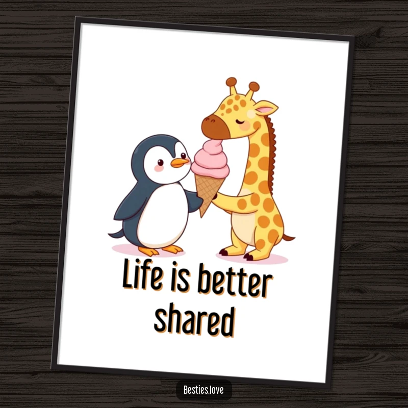 Funny Free Printable Wall Art of a tall giraffe and a small penguin sharing a comically large ice cream cone.