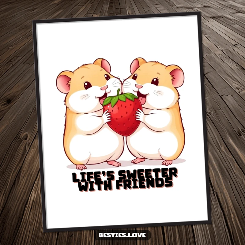 Funny free printable wall art: Two smiling hamsters in adorable friendship, sharing a comically oversized strawberry with pure delight and humor.