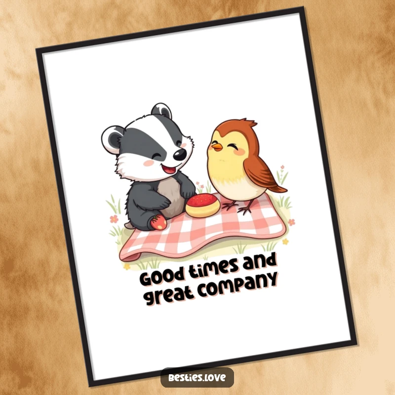 Funny Free Printable Wall Art of a badger and robin having a picnic and roaring with laughter.