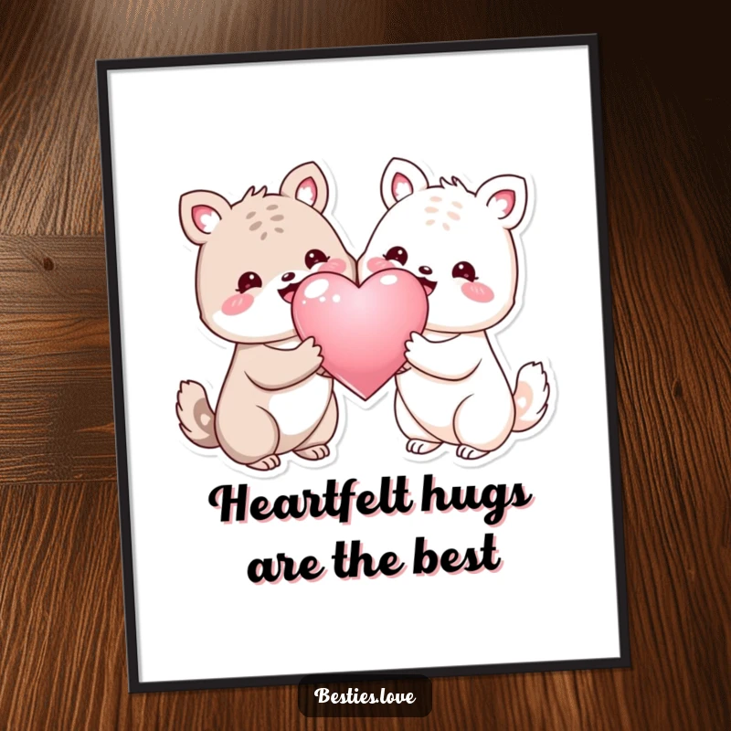 Funny Free Printable Wall Art: Two smiling animals joyfully presenting a huge, shiny heart symbol between them.
