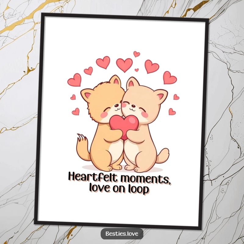 Free Printable Wall Art showing two animals in a blissful hug, eyes closed, with hearts floating around them.