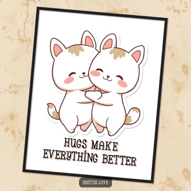 Funny Free Printable Wall Art showcasing two cute animal shapes hugging each other tightly with happy expressions.