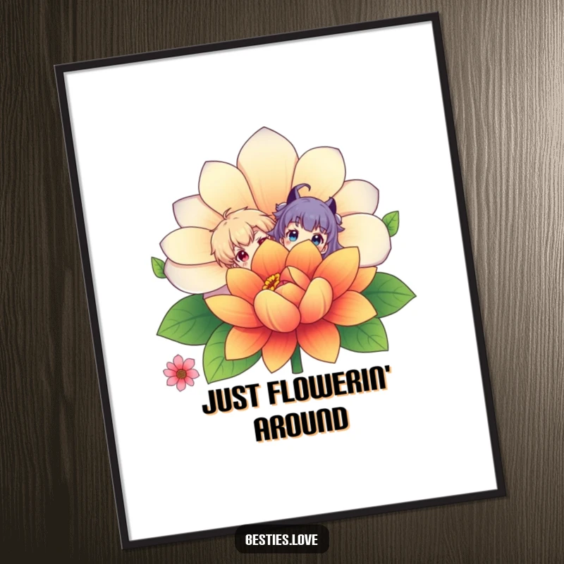 Funny Free Printable Wall Art: Two comical characters peeking from behind a spectacularly large and colorful flower.