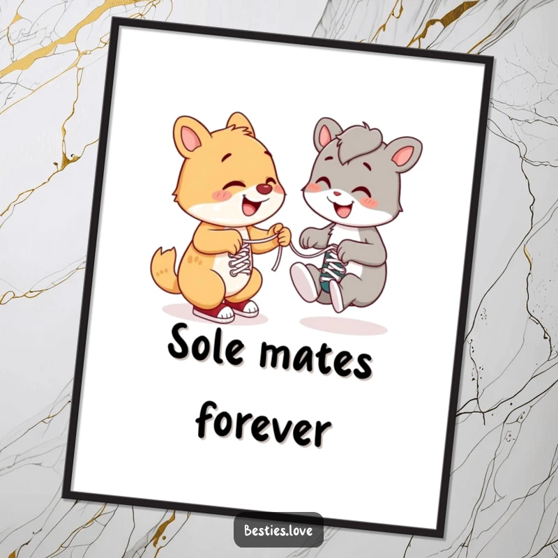 Free Printable Wall Art showing a happy animal helping another tie shoelaces with a friendly grin, symbolizing kindness and helpfulness.