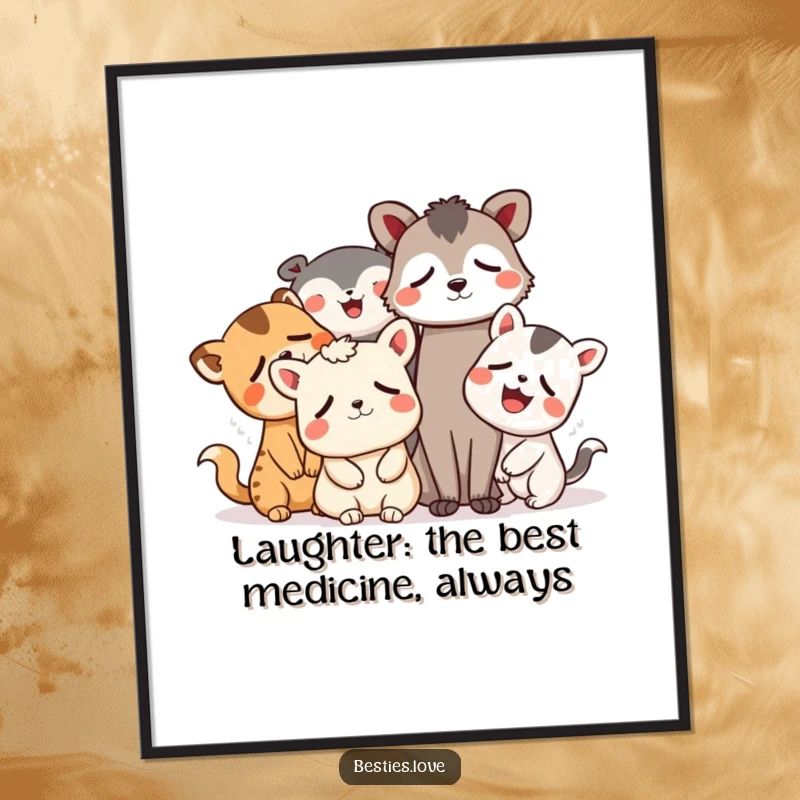 Funny Free Printable Wall Art: Whimsical animal friends in fits of laughter, eyes watering, creating a scene of pure mirth.