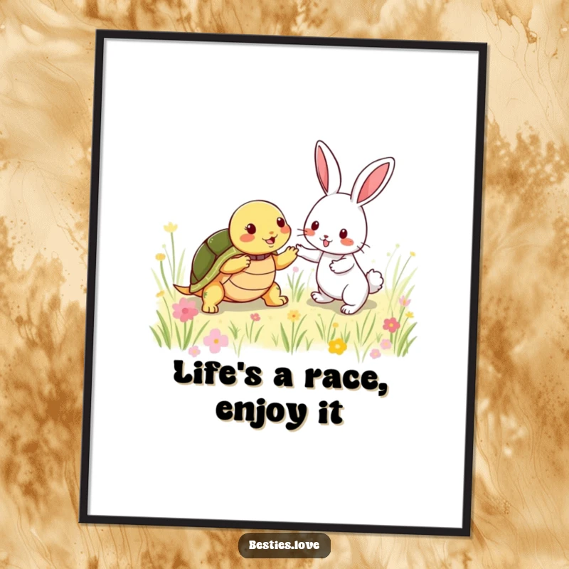 Funny Free Printable Wall Art showing a slow turtle and fast rabbit engaged in a lively game of tag.