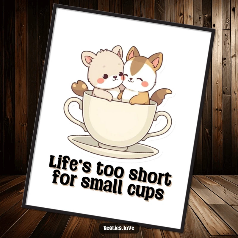 Funny Free Printable Wall Art: Two bestie animals joyfully crammed into a whimsical teacup, creating a hilarious and charming scene for your decor.