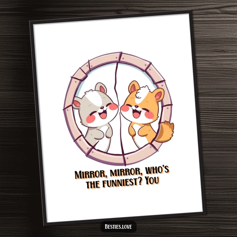 Funny Free Printable Wall Art: Two animal friends comically swapping exaggerated silly faces in a cracked mirror, captured in a moment of pure amusement.