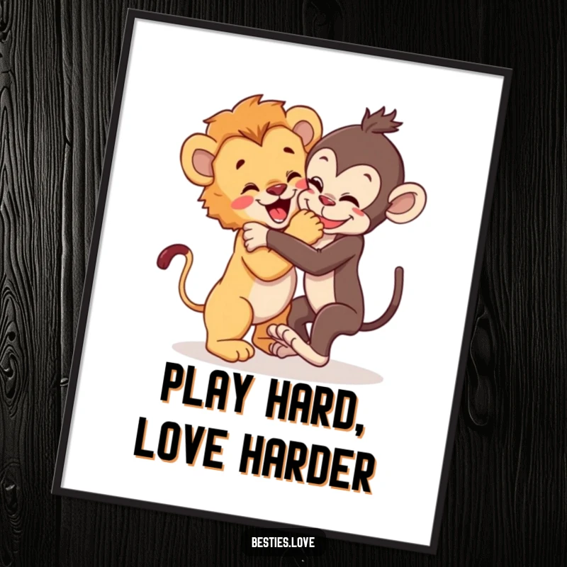 Funny Free Printable Wall Art portraying a lion cub and monkey wrestling with infectious, joyful energy.