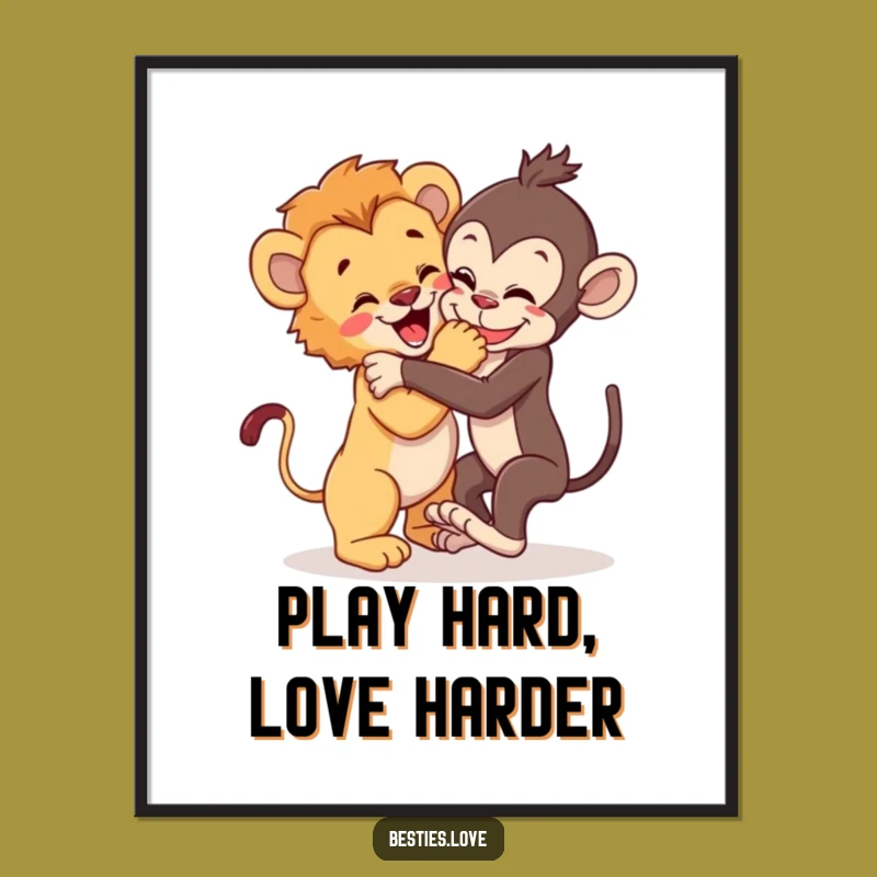 Funny Free Printable Wall Art: Lion & Monkey Wrestle Downloadable Gift