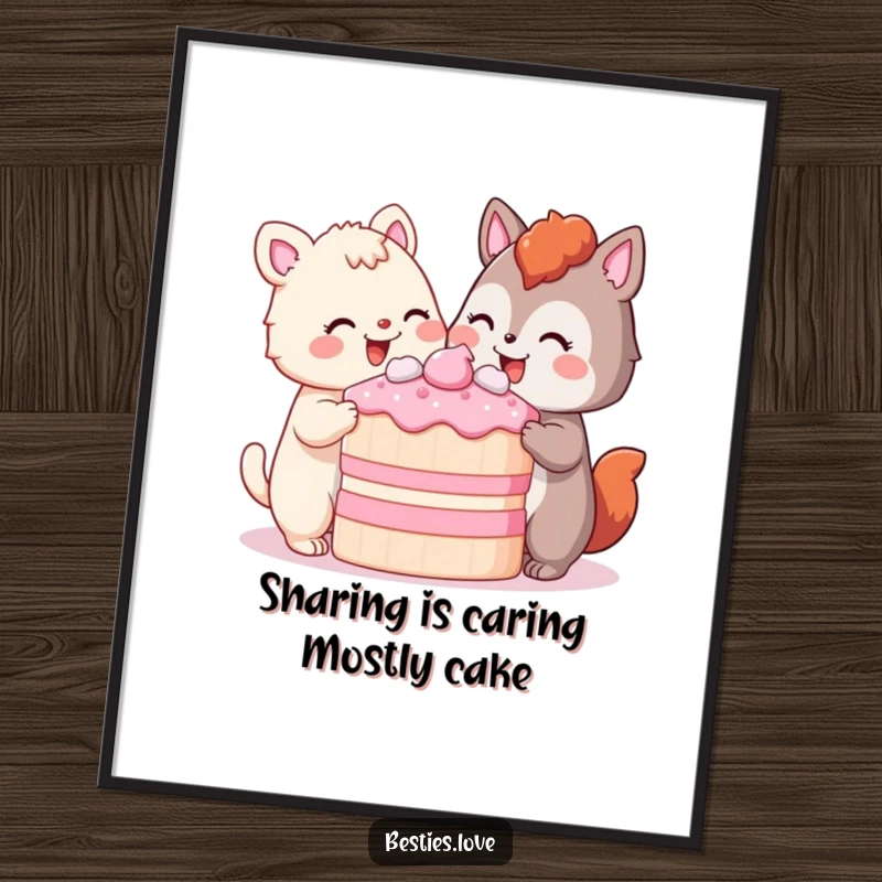 Funny Free Printable Wall Art: Two joyful animals happily sharing a large slice of delicious cake, creating a scene of contentment.