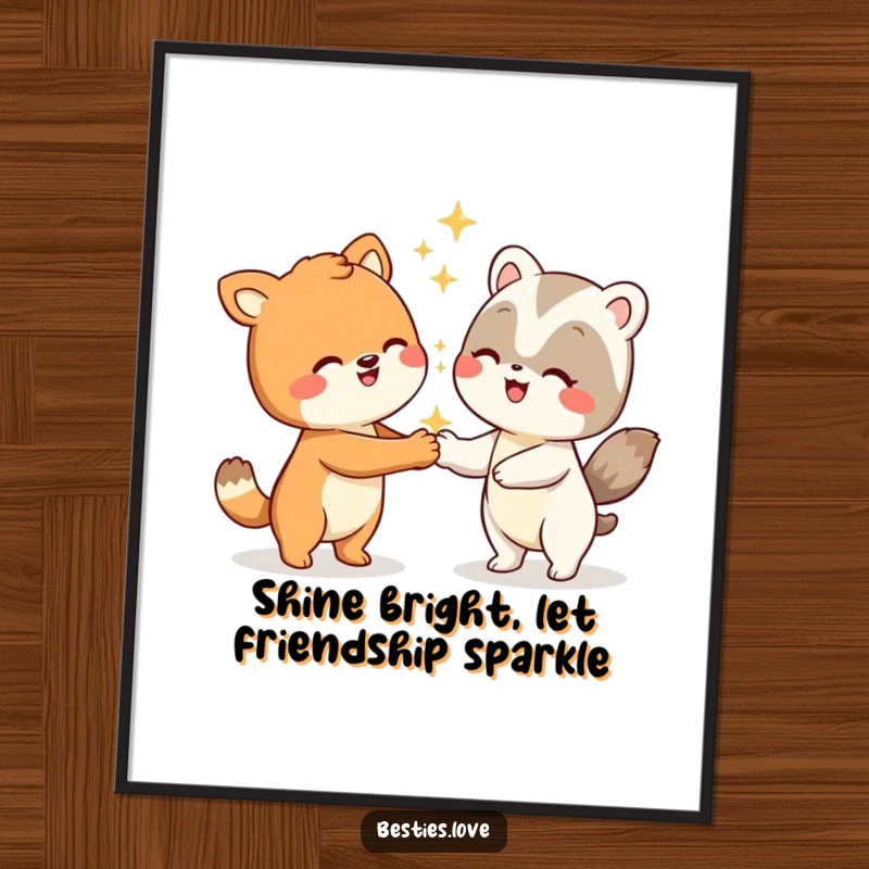 Funny Free Printable Wall Art: Two animal characters doing a goofy handshake with dazzling sparkles, bringing fun energy.
