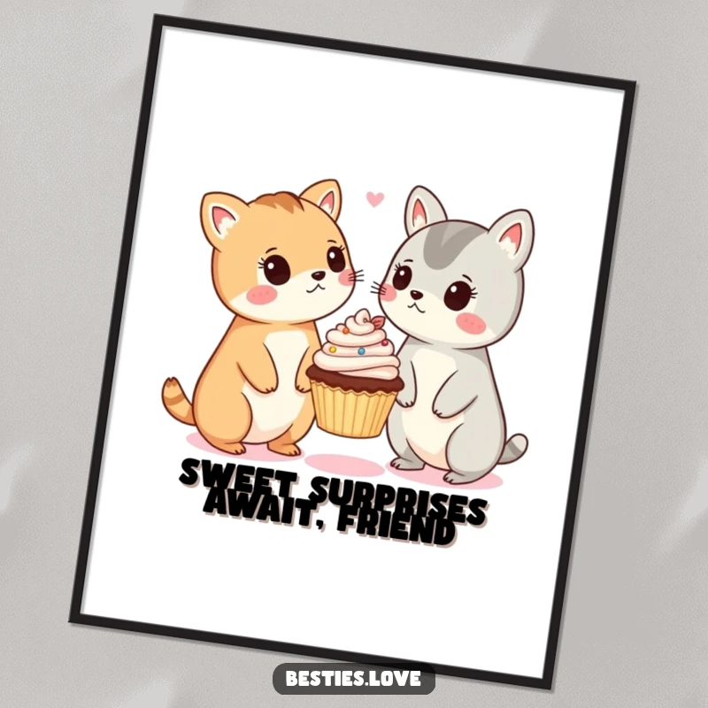 Funny Free Printable Wall Art: two adorable animals exchange surprised expressions over a tiny, floating cupcake.