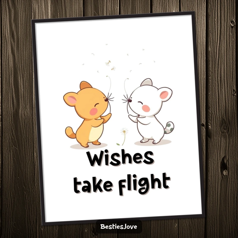 Free Printable Wall Art depicting two animals blowing dandelion seeds, scattering wishes and dreams into the gentle wind. Downloadable decor.