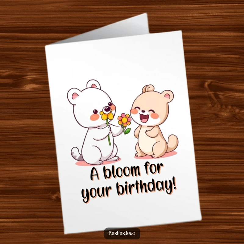 Funny Free Printable Birthday Card: A cute animal presenting a vibrant flower to a laughing, happy companion.