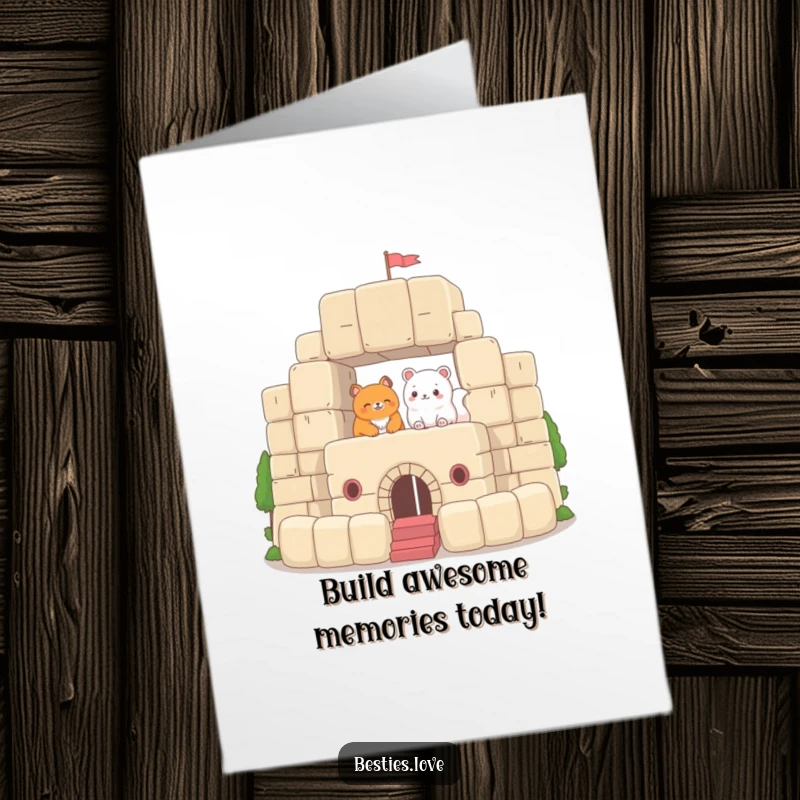 Funny Free Printable Birthday Card: Two cute animals collaborating to build an impressive fort using giant plush blocks.
