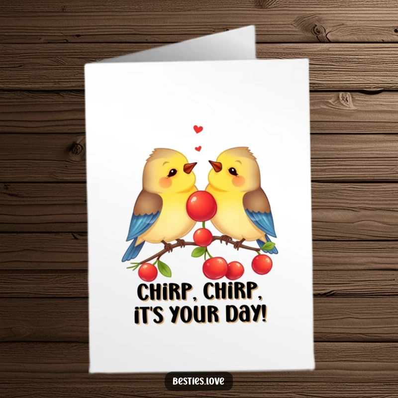 Funny free printable birthday card: Two best friend birds perched together, happily sharing a bright red berry with cheerful chirps and smiles.