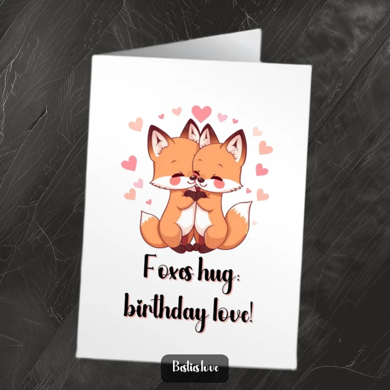 Funny Free Printable Birthday Card: Two cute foxes sharing a loving hug, surrounded by glittering hearts, ready to be printed.