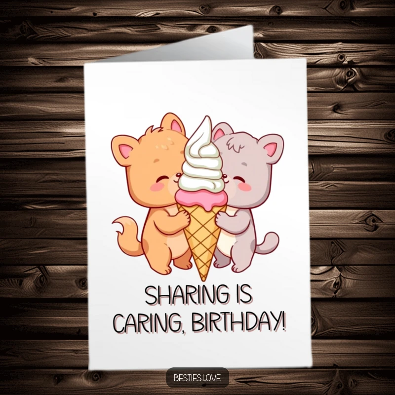 Funny Free Printable Birthday Card: Two happy animal friends sharing a giant ice cream cone, celebrating with delight.