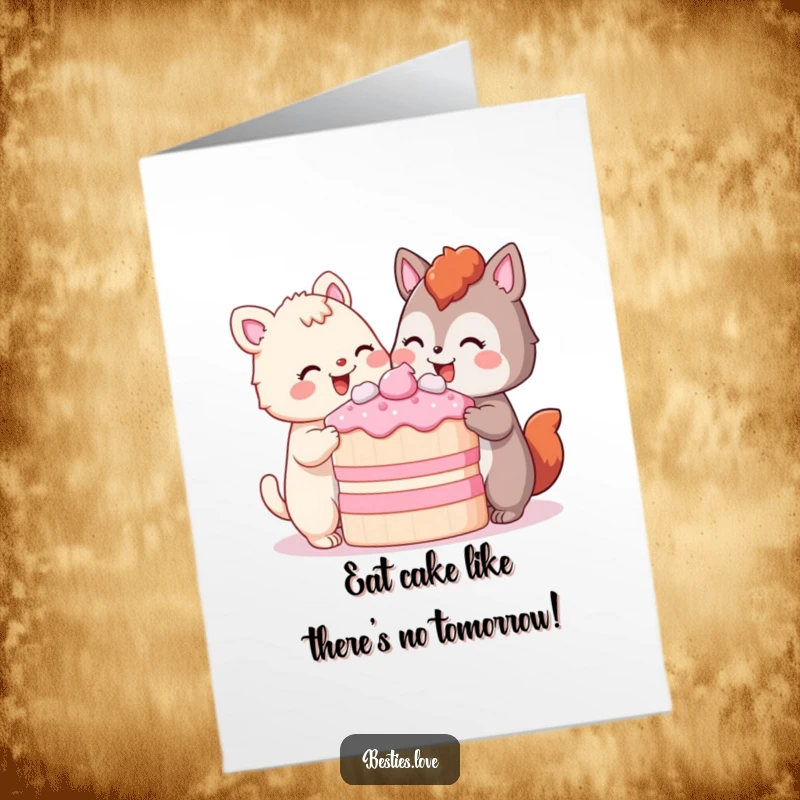 Funny Free Printable Birthday Card: Two adorable animals sharing a huge slice of cake, their faces beaming with pure delight.