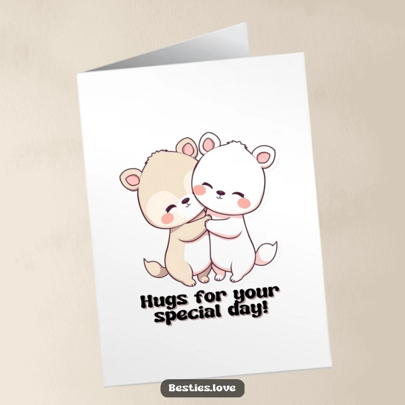 Free Printable Birthday Card: Two very cute animals with big heads and short limbs embracing warmly, full of love.