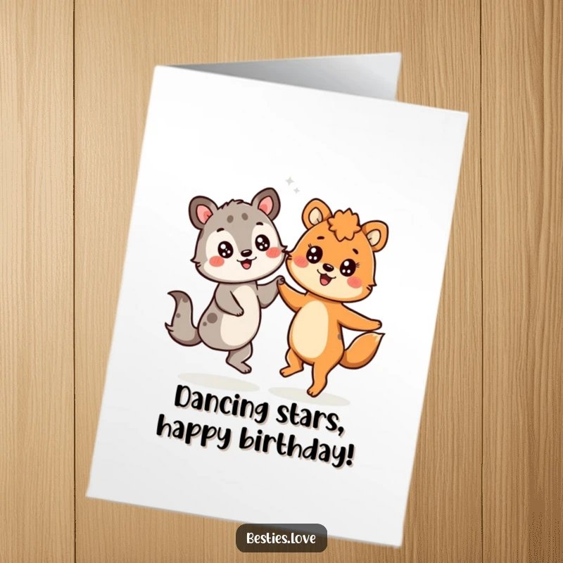 Funny Free Printable Birthday Card: Two animals joyfully dancing with cheerful, starry eyes, celebrating birthdays.