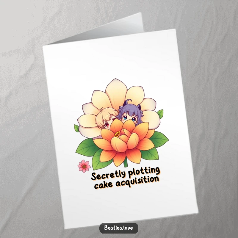 Funny Free Printable Birthday Card: Cheeky characters peeking from behind a huge, colorful flower.