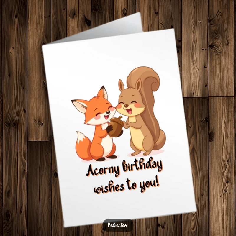 Funny Free Printable Birthday Card featuring a fox and squirrel sharing a giant acorn, both giggling uncontrollably.