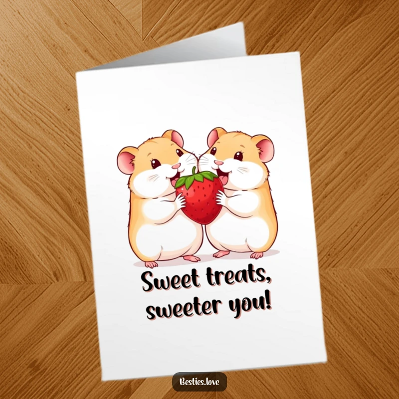 Funny free printable birthday card: Two smiling hamsters joyfully devouring a huge strawberry, conveying pure delight and sharing humor.