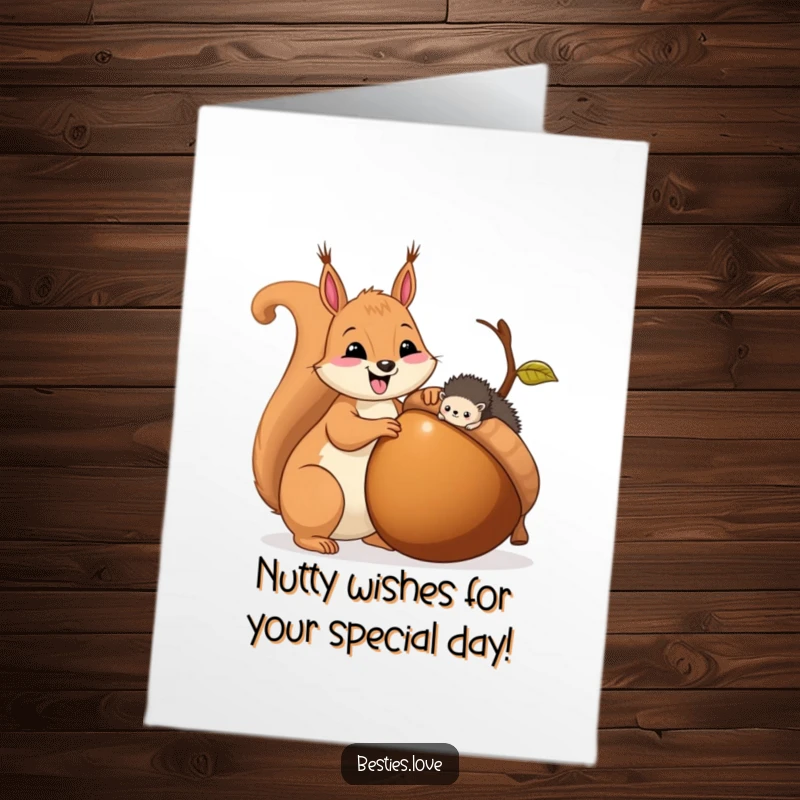 Funny Free Printable Birthday Card featuring a happy squirrel offering a huge acorn to a tiny hedgehog friend.