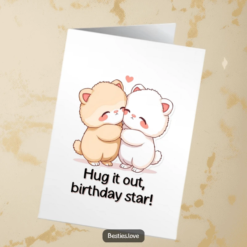 Free Printable Birthday Card featuring two fluffy animals sharing a loving hug with eyes closed, radiating warmth and affection.