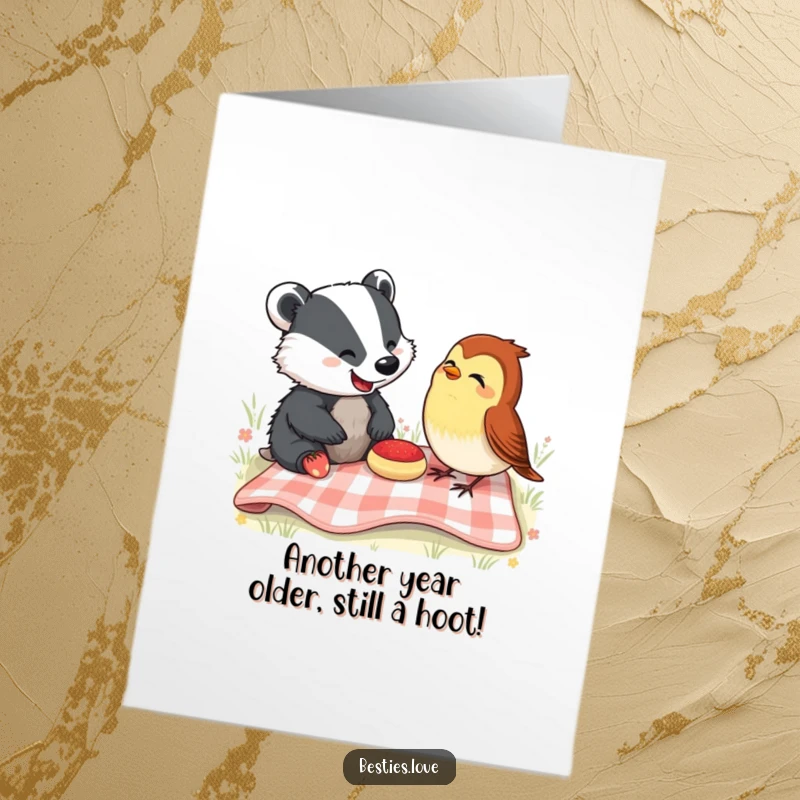 Funny Free Printable Birthday Card featuring a joyful badger and robin sharing a picnic and laughing heartily.