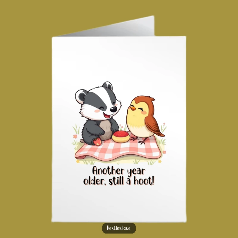Free Printable Birthday Card: Laughing Badger & Robin Picnic Funny Downloadable Gift