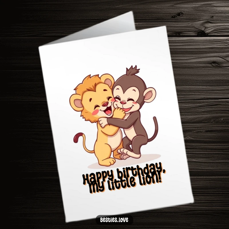 Funny Free Printable Birthday Card showing a lion cub and monkey wrestling joyfully as best friends.