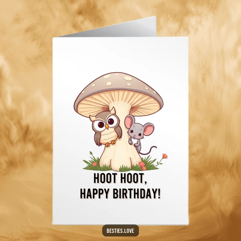 Funny Free Printable Birthday Card: Owl and mouse friends peeking from behind a giant mushroom, secret smiles.