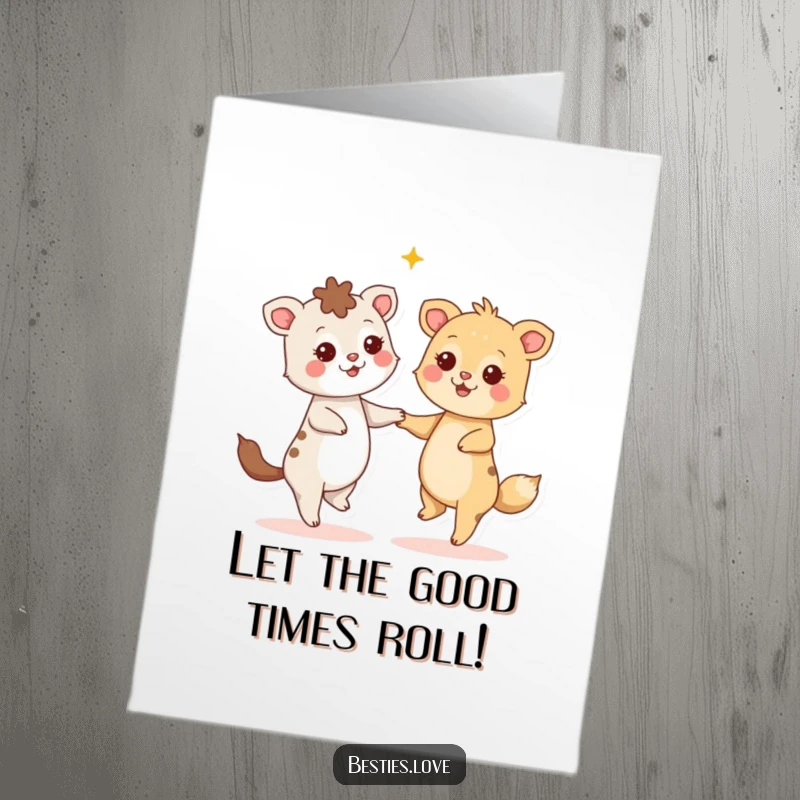 Funny Free Printable Birthday Card: Two animals joyfully dancing with wide, starry-eyed expressions.