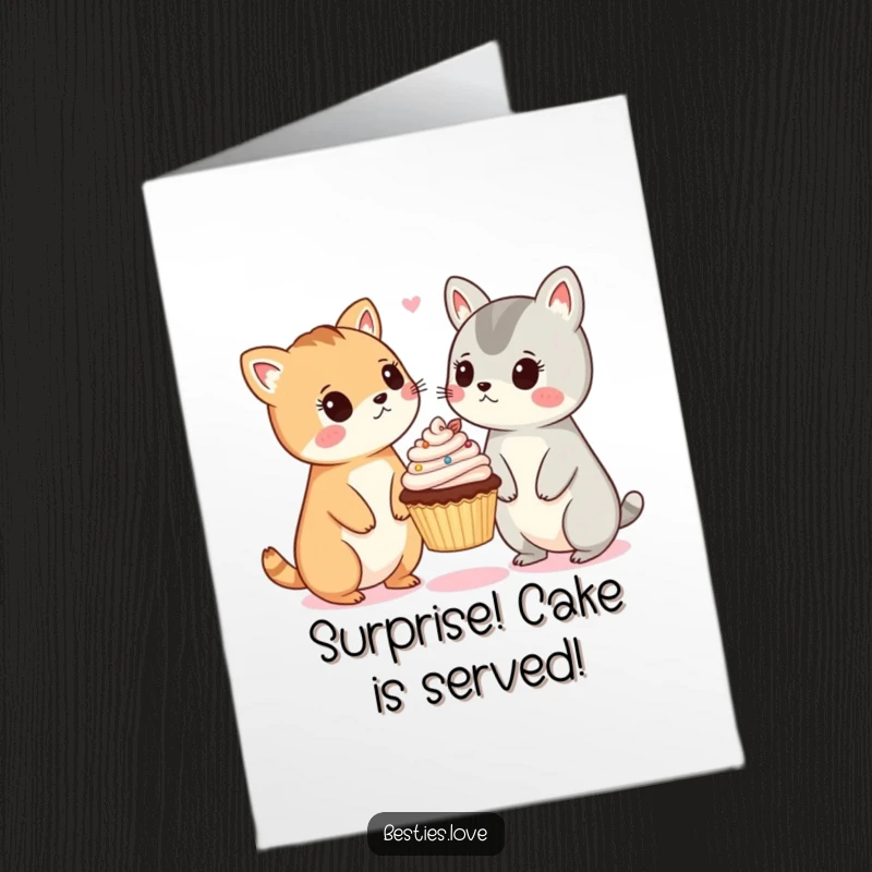 Funny Free Printable Birthday Card: two animals with surprised faces look at a tiny floating cupcake.
