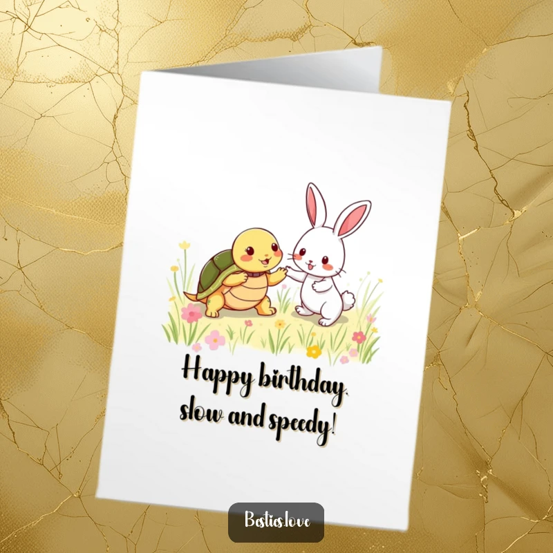Funny Free Printable Birthday Card featuring a shy turtle and energetic rabbit playfully chasing each other in a meadow.