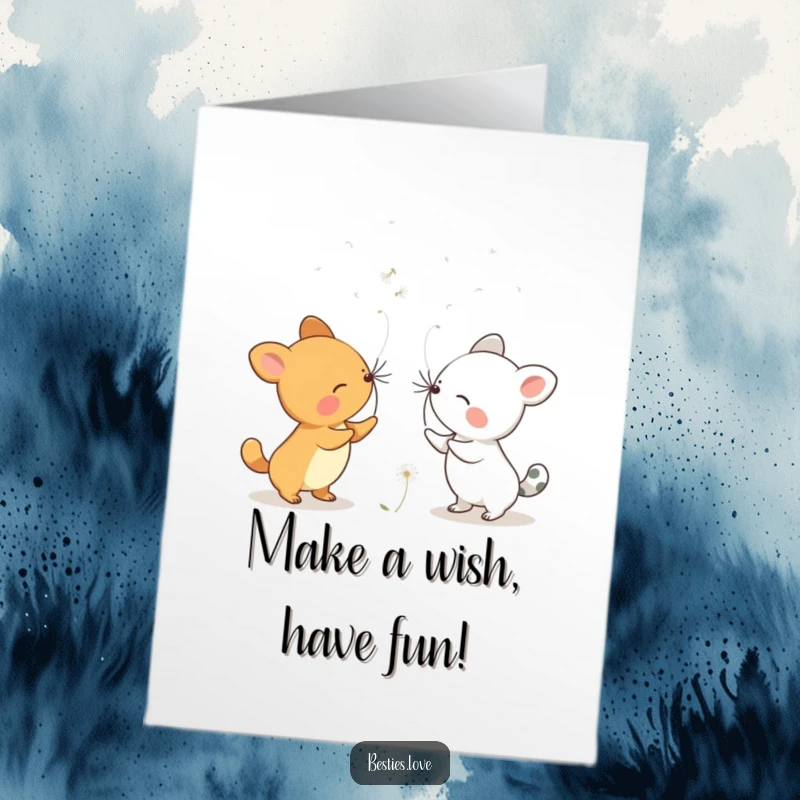 Free Printable Birthday Card featuring two animals blowing dandelion seeds, sending wishes into the wind. A downloadable gift.