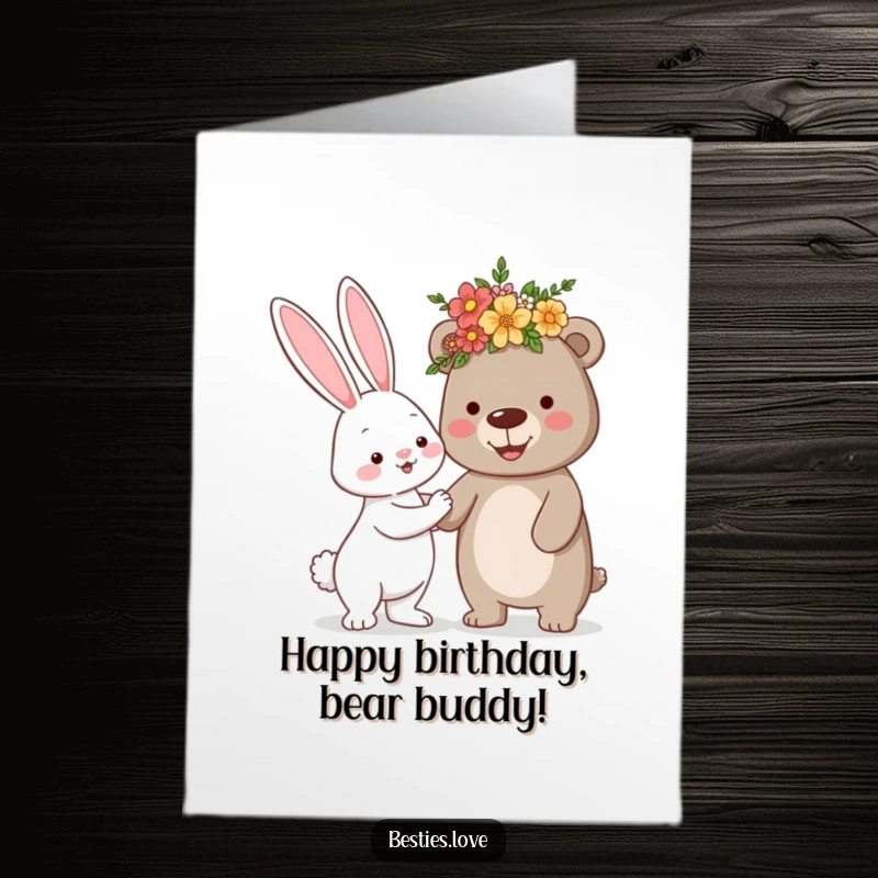 Funny Free Printable Birthday Card: A bunny offering a flower crown to a smiling bear, a charming and humorous scene.