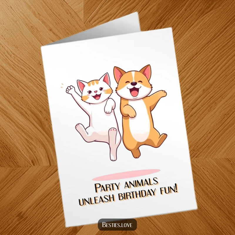 Funny Free Printable Birthday Card: A cat and dog leaping joyfully, legs kicking with excitement, a celebration of fun.