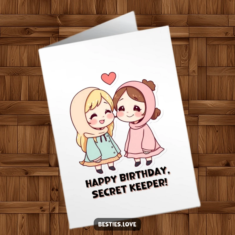 Funny Free Printable Birthday Card: Two smiling best friends leaning in close, sharing a hilarious whispered secret.