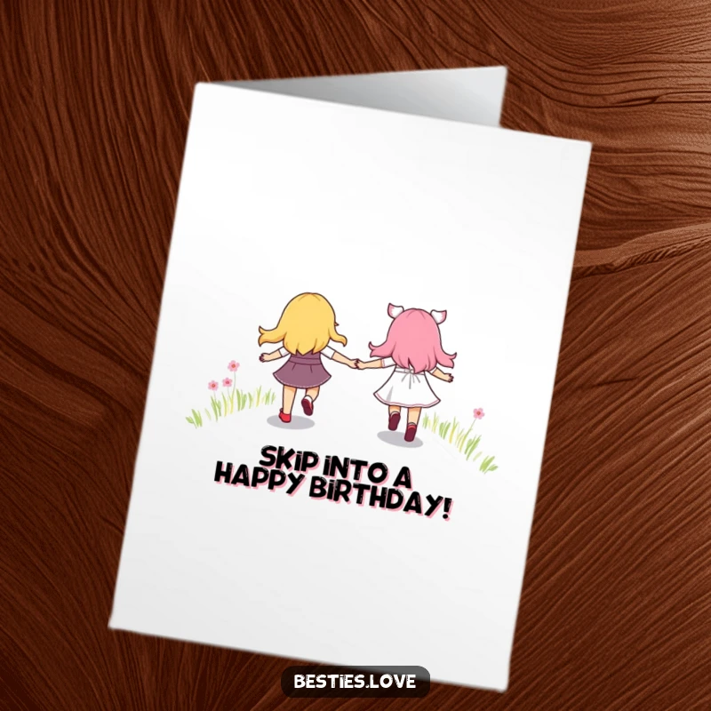 Funny Free Printable Birthday Card: Best friends gleefully holding hands, skipping joyfully along a vibrant, magical rainbow path.