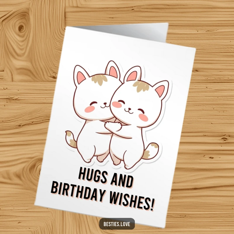 Funny Free Printable Birthday Card with two adorable animal shapes hugging tightly, radiating pure joy and friendship.