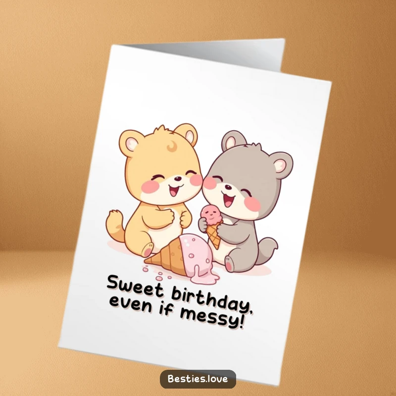 Funny Free Printable Birthday Card: Cute animal pals giggling uncontrollably over a dropped, melting ice cream cone. Hilarious mishap art.